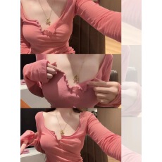 批发纯欲半开领长袖t恤女秋冬内搭打底衫修身显瘦洋气超好看别致上衣