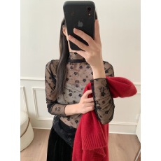 批发长袖t恤女薄秋季防晒蕾丝小衫紧身针织网纱打底内搭短款修身上衣