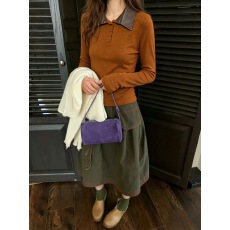 批发小众PU皮翻领拼接打底女半开扣<b class='q'>修身</b>长袖撞色设计感气质内搭上衣