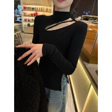 批发秋季新款小心机镂空半高领打底衫<b class='q'>女</b>修身显瘦<b class='q'>长袖</b><b class='q'>T</b><b class='q'>恤</b>别致开叉上衣