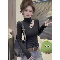 批发半高领镂空设计感打底衫<b class='q'>女</b>秋季百搭磨毛<b class='q'>T</b><b class='q'>恤</b>修身显瘦<b class='q'>长袖</b>内搭上衣
