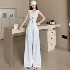 批发老钱风不规则纽扣<b class='q'>马甲</b>套装女气质收腰西装<b class='q'>马夹</b>+高腰阔腿裤两件套