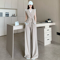 批发韩版无袖系带修身拼接蕾丝花边V领<b class='q'>马甲</b>女早秋新款高腰阔腿裤套装