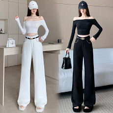 批发米<b class='q'>白色</b>秋季新款小香风羊绒阔腿裤女高腰显瘦宽松垂感直筒西装长裤