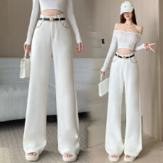 批发米<b class='q'>白色</b>秋季新款小香风羊绒阔腿裤女高腰显瘦宽松垂感直筒西装长裤