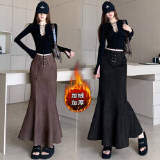 批发秋冬新款加绒棕色麂皮绒系带显高显瘦高腰鱼尾包臀裙中长裙一步裙