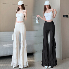 批发法式设计感高腰显瘦不规则荷叶边拼接<b class='q'>雪纺</b>喇叭裤飘带垂坠感休闲裤