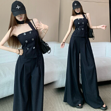 批发牛仔蓝系纯欲风套装<b class='q'>女</b>早春季<b class='q'>新款</b>系带抹胸上衣休闲阔腿长裤两件套