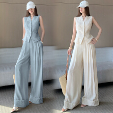 批发老钱风时尚v领蕾丝马甲高级感显瘦<b class='q'>休闲裤</b>设计翻边阔腿<b class='q'>长裤</b><b class='q'>女</b>套装