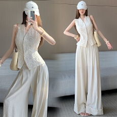 批发老钱风时尚v领蕾丝马甲高级感显瘦<b class='q'>休闲裤</b>设计翻边阔腿<b class='q'>长裤</b><b class='q'>女</b>套装