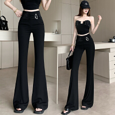 批发春夏新款辣妹<b class='q'>高腰</b>烫钻设计显瘦显高微喇裤黑色修身气质长款喇叭裤