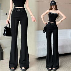 批发春夏新款辣妹<b class='q'>高腰</b>烫钻设计显瘦显高微喇裤黑色修身气质长款喇叭裤