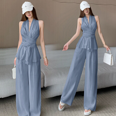 批发韩系气质小众设计感V领绑带收腰背心上衣+高腰阔腿长<b class='q'>裤</b>