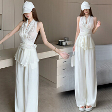 批发韩系气质小众设计感V领绑带收腰背心上衣+高腰阔腿长<b class='q'>裤</b>两<b class='q'>套装</b>女季