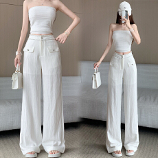 高级感亚麻天丝阔腿裤女春夏新款重工小香风链条设计高腰显瘦长裤