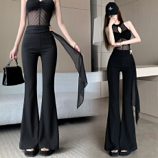 批发黑色烫钻小众设计感飘带喇叭裤女夏季新款薄款高腰显瘦垂坠感长裤