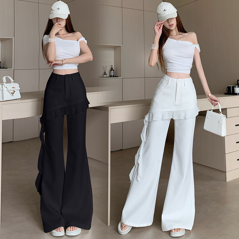 화이트 리본 프릴 디자인 센스 페이크 레이어드 부츠컷 바지 여성 봄 여름 새로운 하이웨이스트 도루 센스 캐주얼 스트레이트 팬츠