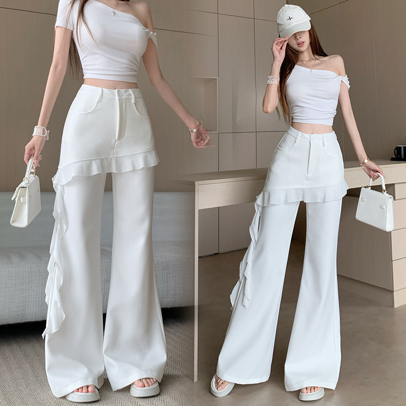 화이트 리본 프릴 디자인 센스 페이크 레이어드 부츠컷 바지 여성 봄 여름 새로운 하이웨이스트 도루 센스 캐주얼 스트레이트 팬츠