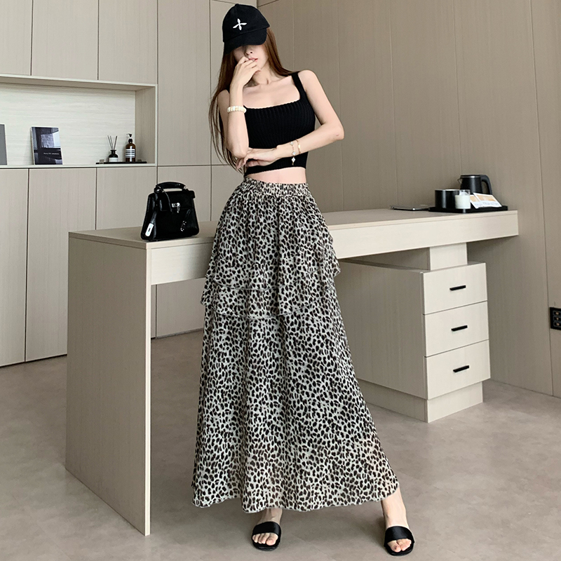 한국 스타일 레트로 중간 길이 레오파드 무늬 프릴 반신 스커트 여성 하이웨이스트 불규칙 케이크 치마 디자인 센스 롱 스커트