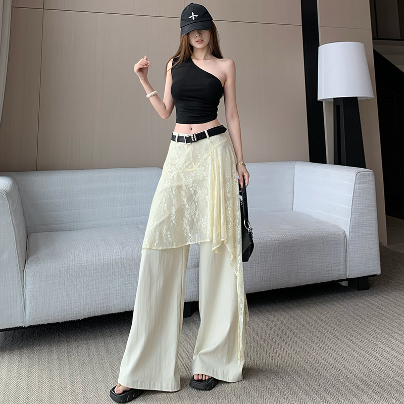 디자인 센스 한국 스타일 레이스 방귀 커튼 와이드 레깅스 바지 봄 여름 하이웨이스트 도루 센스 스트레이트 정장 바지 캐주얼 긴 바지