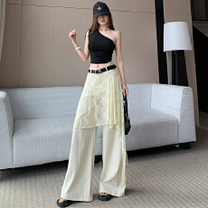 批发设计感韩版蕾丝屁帘阔腿裤<b class='q'>女</b>春夏季高腰垂感直筒西装裤休闲<b class='q'>长裤</b>