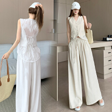 批发设计感蕾丝拼接小香风背心马甲+阔腿裤<b class='q'>两件</b>套<b class='q'>女</b>春夏新款时尚套装