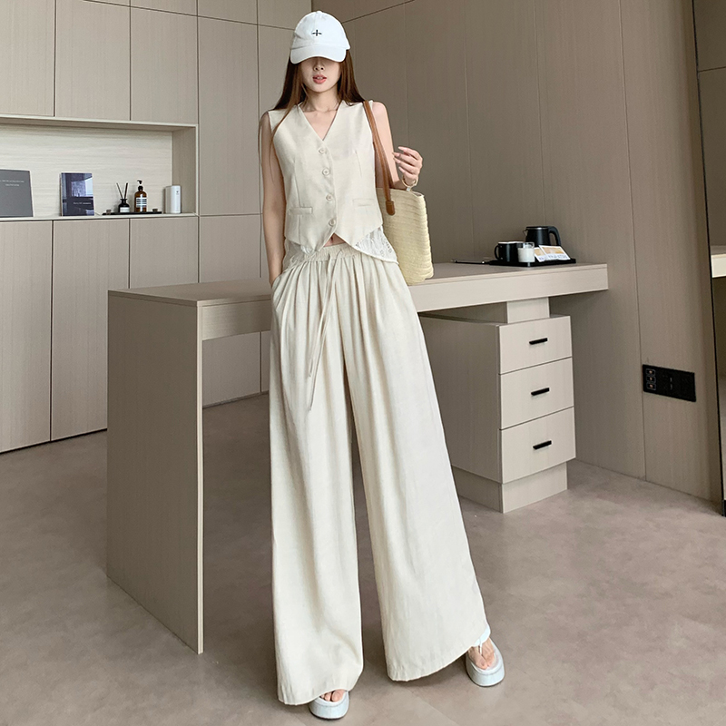 디자인 센스 레이스 조각 작은 샤넬 스타일 조끼 베스트 와이드 레그 팬츠 두 조각 여성 세트 봄 여름 새로운 패션 세트