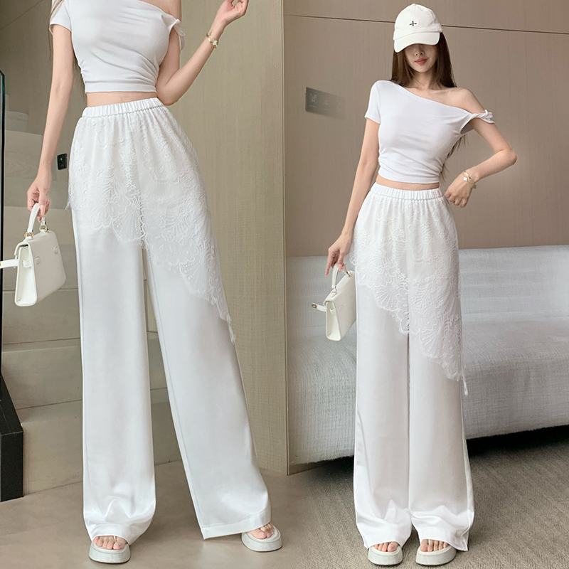 디자인 센스 레이스 조각 아세트산 새틴 와이드 레깅스 바지 여름 얇은 스타일 하이웨이스트 슬림해 보이는 도루 센스 캐주얼 스트레이트 팬츠