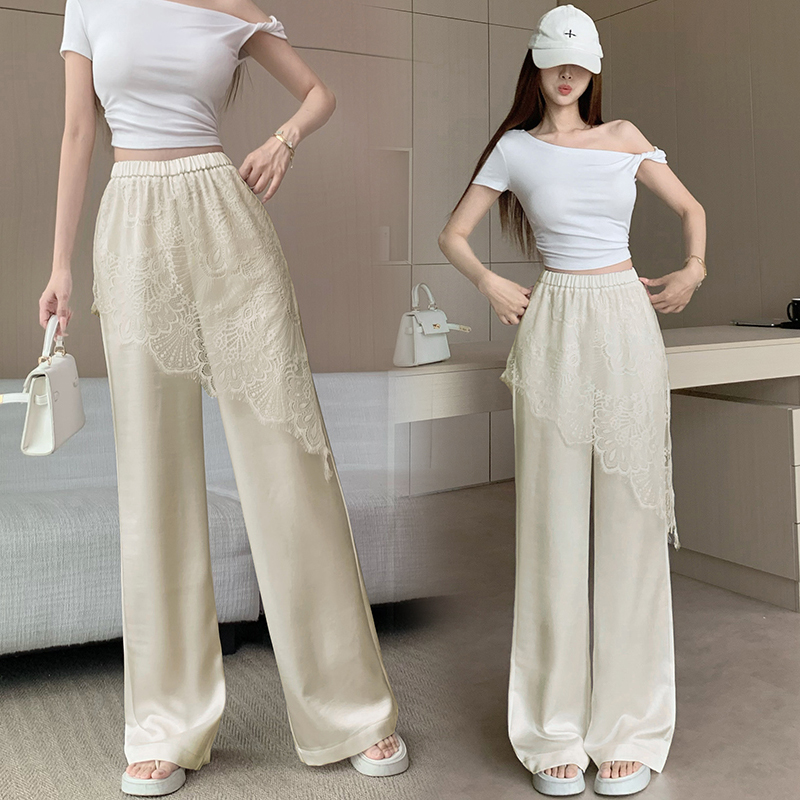 디자인 센스 레이스 조각 아세트산 새틴 와이드 레깅스 바지 여름 얇은 스타일 하이웨이스트 슬림해 보이는 도루 센스 캐주얼 스트레이트 팬츠