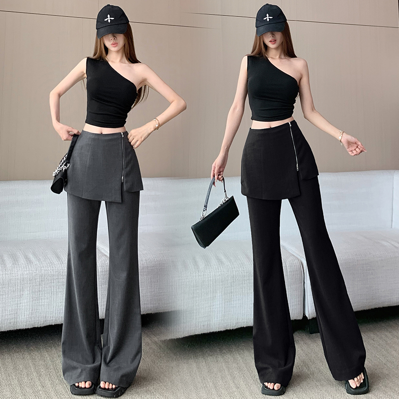 지퍼 디자인 센스 스택 착용 페이크 레이어드 방귀 커튼 마이크로 플레어 바지 봄 여름 하이웨이스트 도루 센스 스트레이트 캐주얼 정장 바지