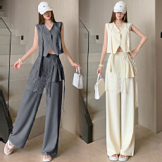 批发蕾丝拼接镂空无袖马甲+蕾丝假两件屁帘直筒长裤两件套女夏季新款