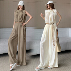 批发度假风高级感套装女夏季温柔风飘带纯色无袖上衣显瘦阔腿裤两件套