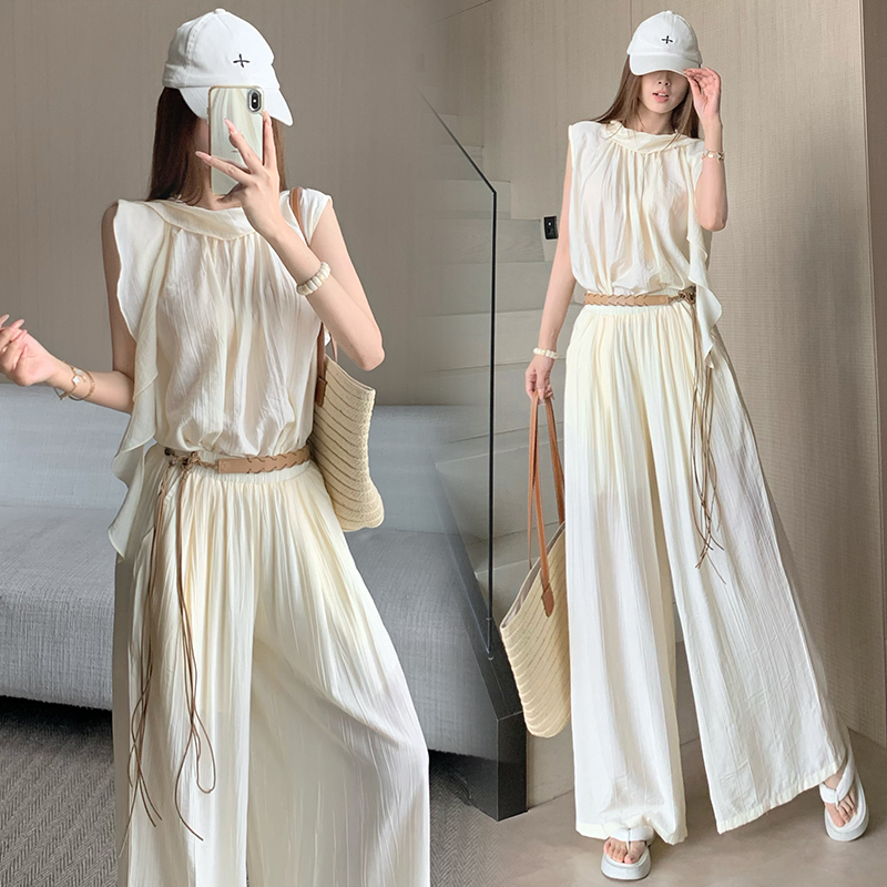 휴가 바람 고급 센스 세트 여성 여름 부드러운 바람 리본 단색 민소매 맨위 슬림해 보이는 와이드 레그 팬츠 투피스 세트