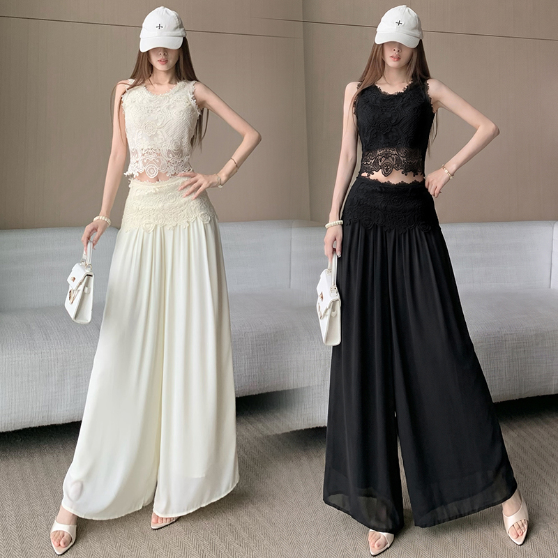 한국 스타일 작은 샤넬 스타일 쇼트 스타일 홀로우 아웃 레이스 민소매 맨위 여름 새로운 하이웨이스트 넓은 다리 캐주얼 바지 세트 여성