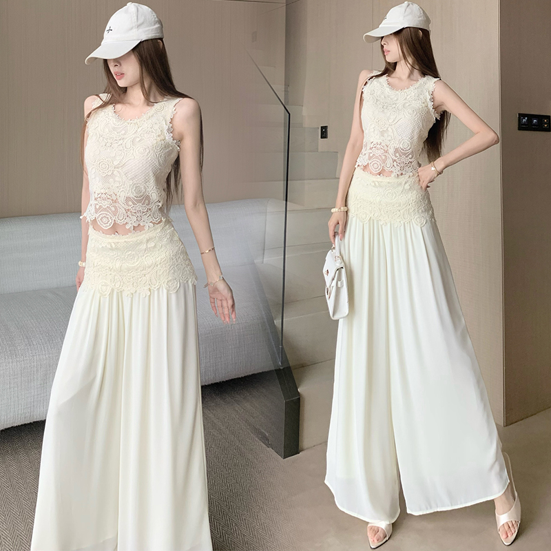 한국 스타일 작은 샤넬 스타일 쇼트 스타일 홀로우 아웃 레이스 민소매 맨위 여름 새로운 하이웨이스트 넓은 다리 캐주얼 바지 세트 여성