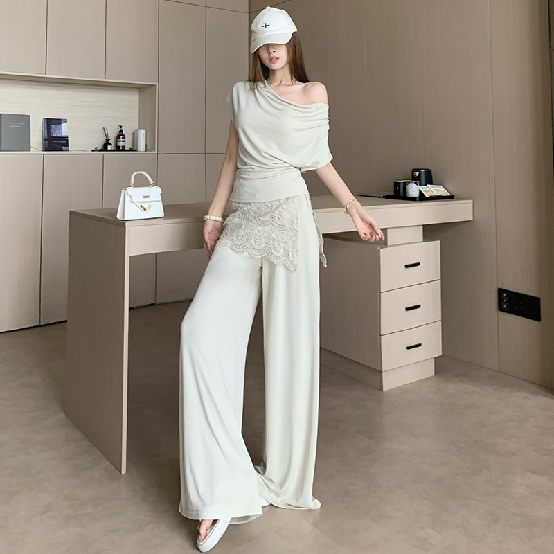 순수한 욕망 바람 디자인 센스 비스듬한 어깨 오프숄더 티셔츠 하이웨이스트 몸매 가꾸기 부츠컷 캐주얼 길다 벨트 방귀 커튼 3종 세트 여름