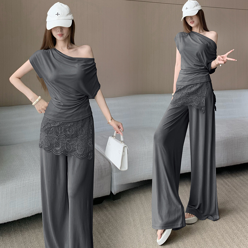 순수한 욕망 바람 디자인 센스 비스듬한 어깨 오프숄더 티셔츠 하이웨이스트 몸매 가꾸기 부츠컷 캐주얼 길다 벨트 방귀 커튼 3종 세트 여름