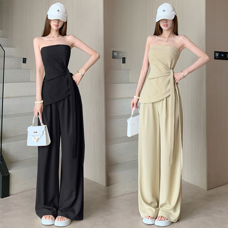 한국 스타일 품격 튜브탑 레이스업 맨위 와이드 레그 팬츠 세트 여성 여름 새로운 패션 슬림해 보이는 캐주얼 투피스 세트