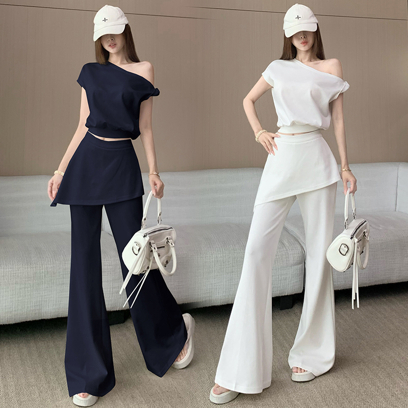 방귀 커튼 바지 세트 여성 여름 패션 품격 작은 대중 외국 가스 비스듬한 어깨 오프숄더 반팔 부츠컷 바지 슬림해 보이는 투피스 세트