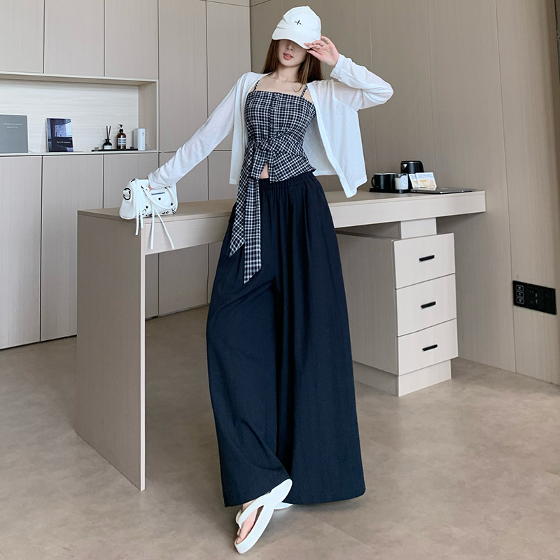 여름 여행 불규칙 체크무늬 캐미솔 민소매 맨위 여성 긴 소매 오픈 가디건 캐주얼 와이드 레그 팬츠 3 벌