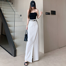 批发老钱风韩系亚麻直筒<b class='q'>半身裙</b>女夏高腰开叉薄款棉麻透气中长款一步裙