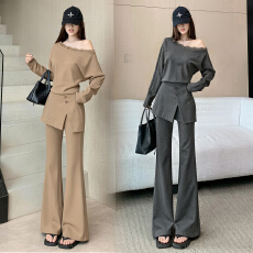 批发新款时尚休闲<b class='q'>蕾丝</b>拼接斜肩卫衣女<b class='q'>西装</b>屁连显瘦遮胯微喇长裤两件套
