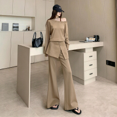 批发新款时尚休闲<b class='q'>蕾丝</b>拼接斜肩卫衣女<b class='q'>西装</b>屁连显瘦遮胯微喇长裤两件套