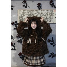 批发设计巧克力小熊帽卷毛宽松夹棉仿皮草毛毛短外套<b class='q'>可爱</b>