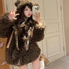批发巧克力小熊帽卷毛宽松夹棉仿皮草毛毛短外套<b class='q'>可爱</b>