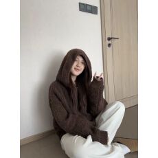 批发慵懒风羊羔毛连帽拉链针织<b class='q'>外套</b>女装秋季小众宽松<b class='q'>显瘦</b>上衣