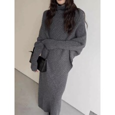 批发法式蝙蝠衫高领针织套装女秋冬新款<b class='q'>时尚</b>气质宽松显瘦半身裙两件套