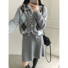 批发韩版菱格学院风针织开衫女半裙两件套套装2025秋冬新款慵懒风毛衣