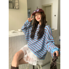 批发春夏薄款条纹盐系<b class='q'>韩版</b>休闲<b class='q'>卫衣</b>POLP领上衣设计感小众休闲女