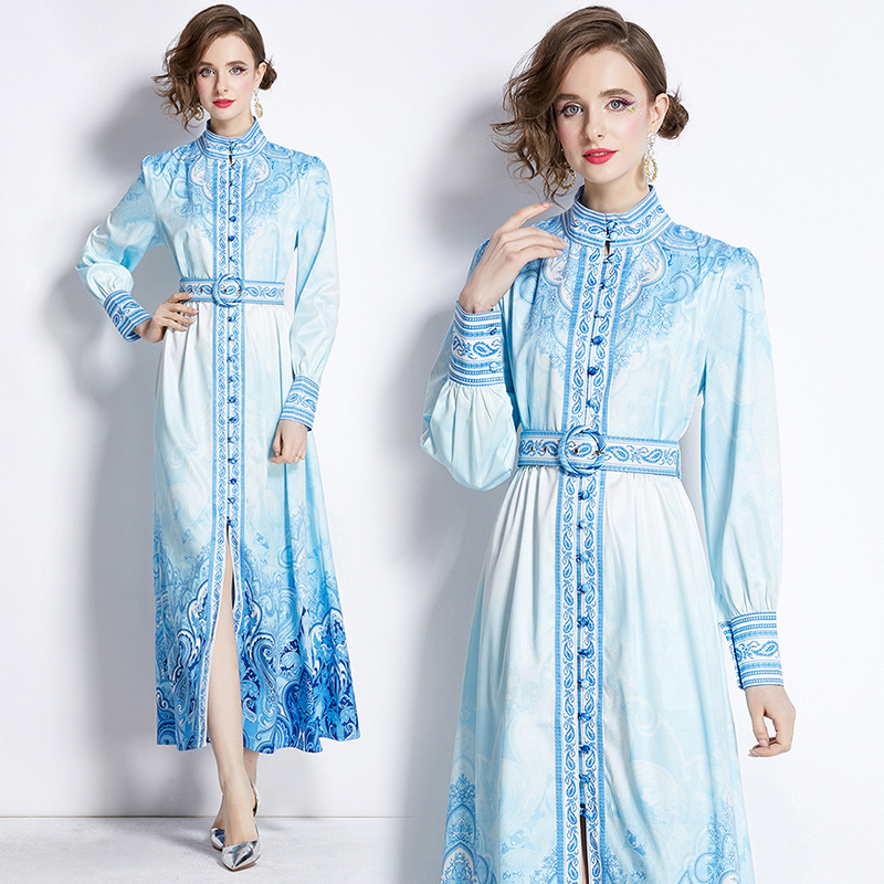 MY14906# 欧美时尚宫廷风立领单排扣印花连衣裙女裝貨源服裝批發